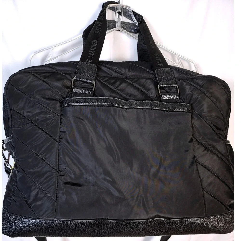 Steve Madden‎ Black Quilted Nylon Duffle Weekender Bag Yellow Logo Graphic Mens